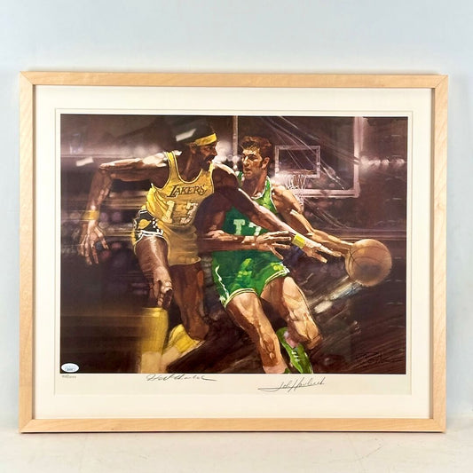 Framed artwork of two basketball players in action on a court.
