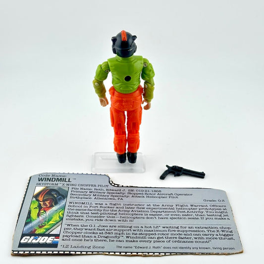 Back of GI Joe action figure with accessory and card against white background. 