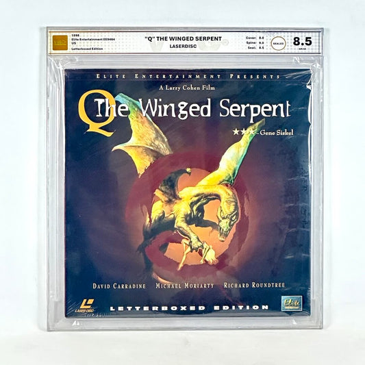 Laserdisc cover of 'Q: The Winged Serpent' with dragon illustration on a black background