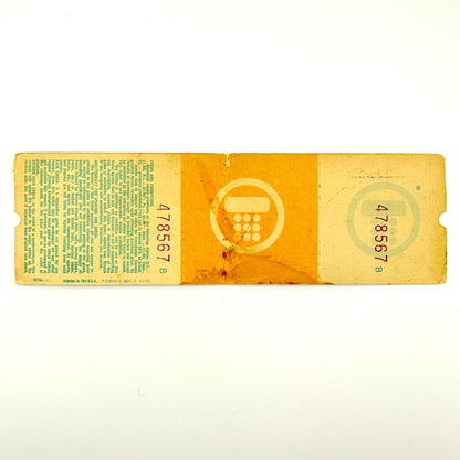 Vintage-style yellow ticket with text and numbers on a white background
