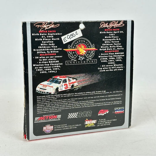 Back of a model car packaging with race car illustration and text on a white background
