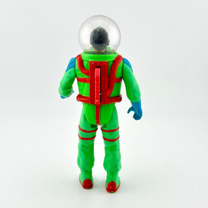 Action figure in green astronaut suit with helmet on white background. 