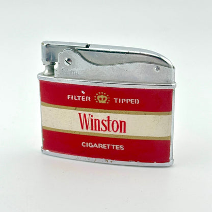 A novelty lighter featuring a red and cream striped design with the brand name 'Winston' and a silver metal top.