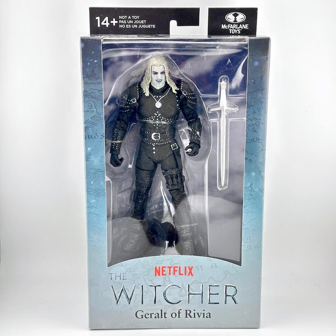 Action figure packaging of Geralt of Rivia from 'The Witcher' with Netflix branding.