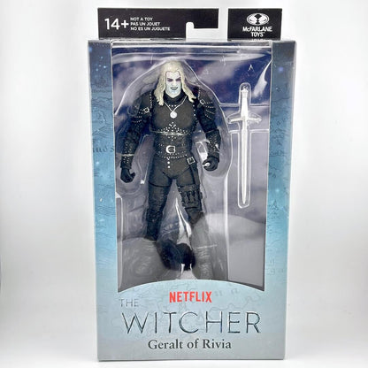 Action figure packaging of Geralt of Rivia from 'The Witcher' with Netflix branding.