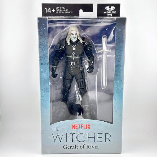 Action figure packaging of Geralt of Rivia from 'The Witcher' with Netflix branding.