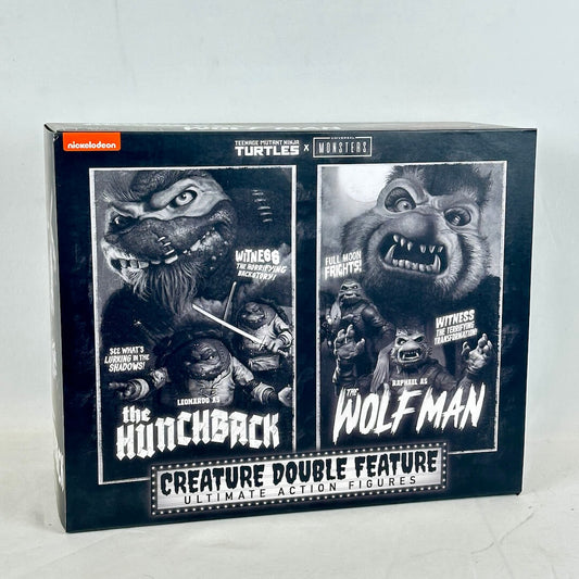 Box for creature double feature action figures with 'Hunchback' and 'Wolf Man' on a white background