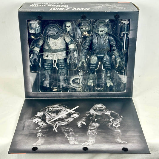 Interior of box to show two action figures with accessories against a white background. 
