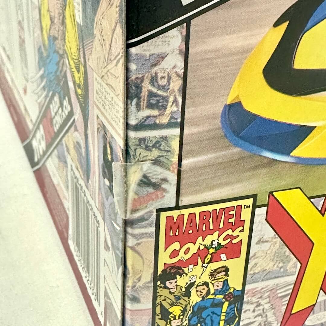 Comic book panels with Marvel logo and superhero imagery