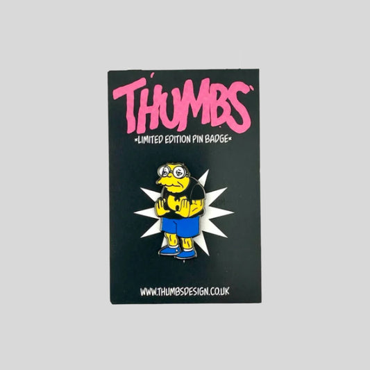 Hans from The Simpsons holding his hands at chest, wearing blue shorts & shoes, & black tee with yellow W from Wu-Tang Clan