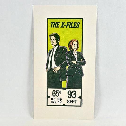 Art print in comic book cornerbox style featuring Mulder and Scully from X-Files on yellow background. 
