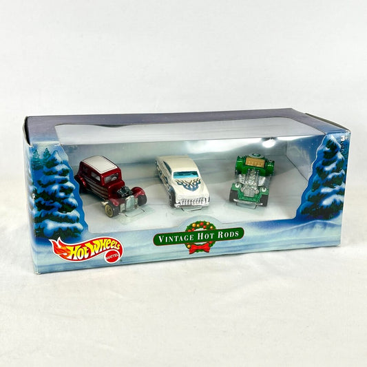 A Hot Wheels 'Vintage Hot Rods' 3-pack set in its original window box packaging, featuring three miniature classic cars.