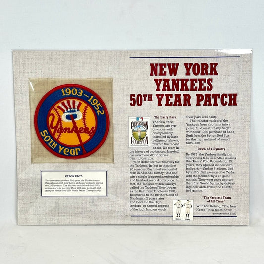 New York Yankees 50th Year Patch display with text and logo on a light gray background