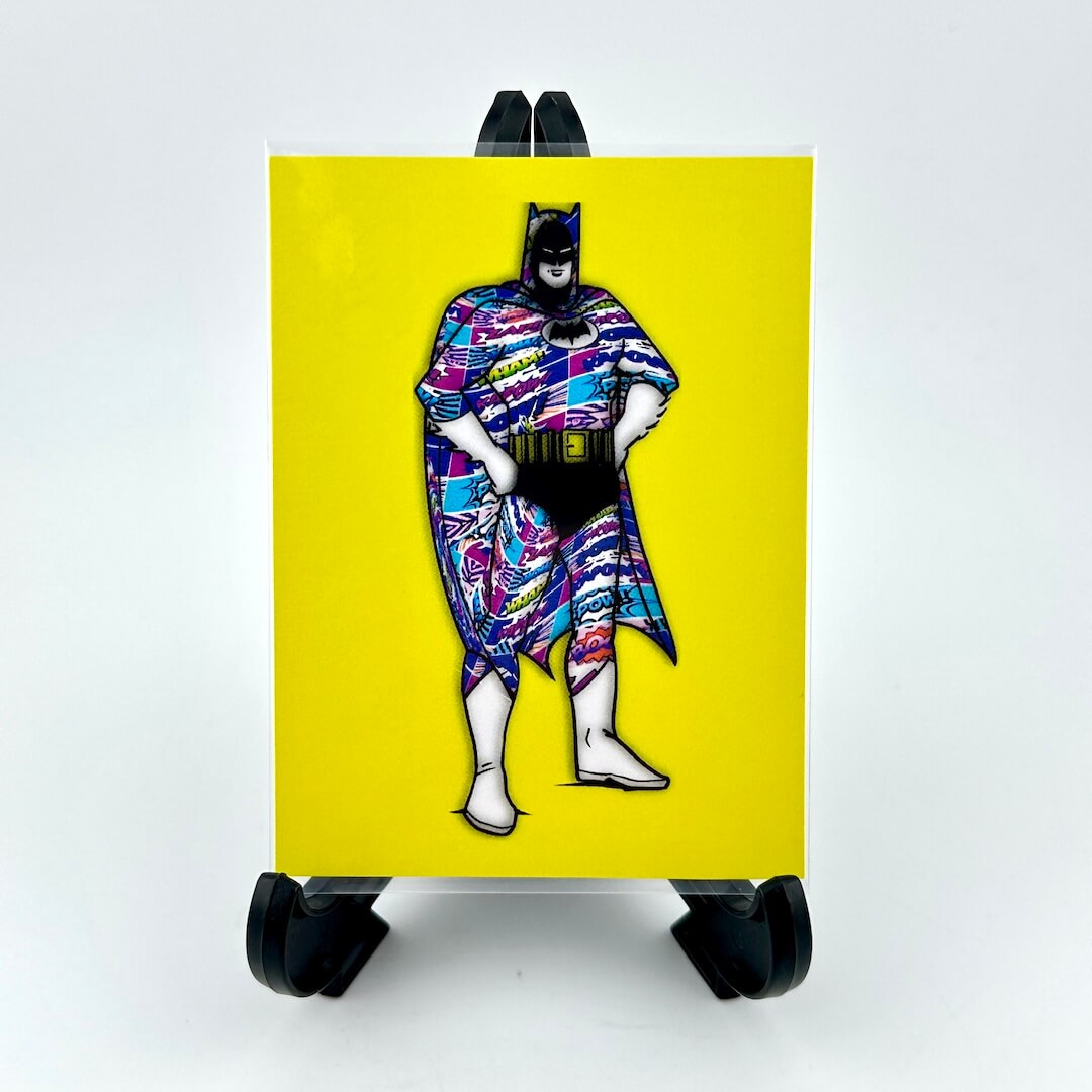 Cartoon character in a colorful cape on a yellow background
