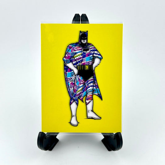 Cartoon character in a colorful cape on a yellow background