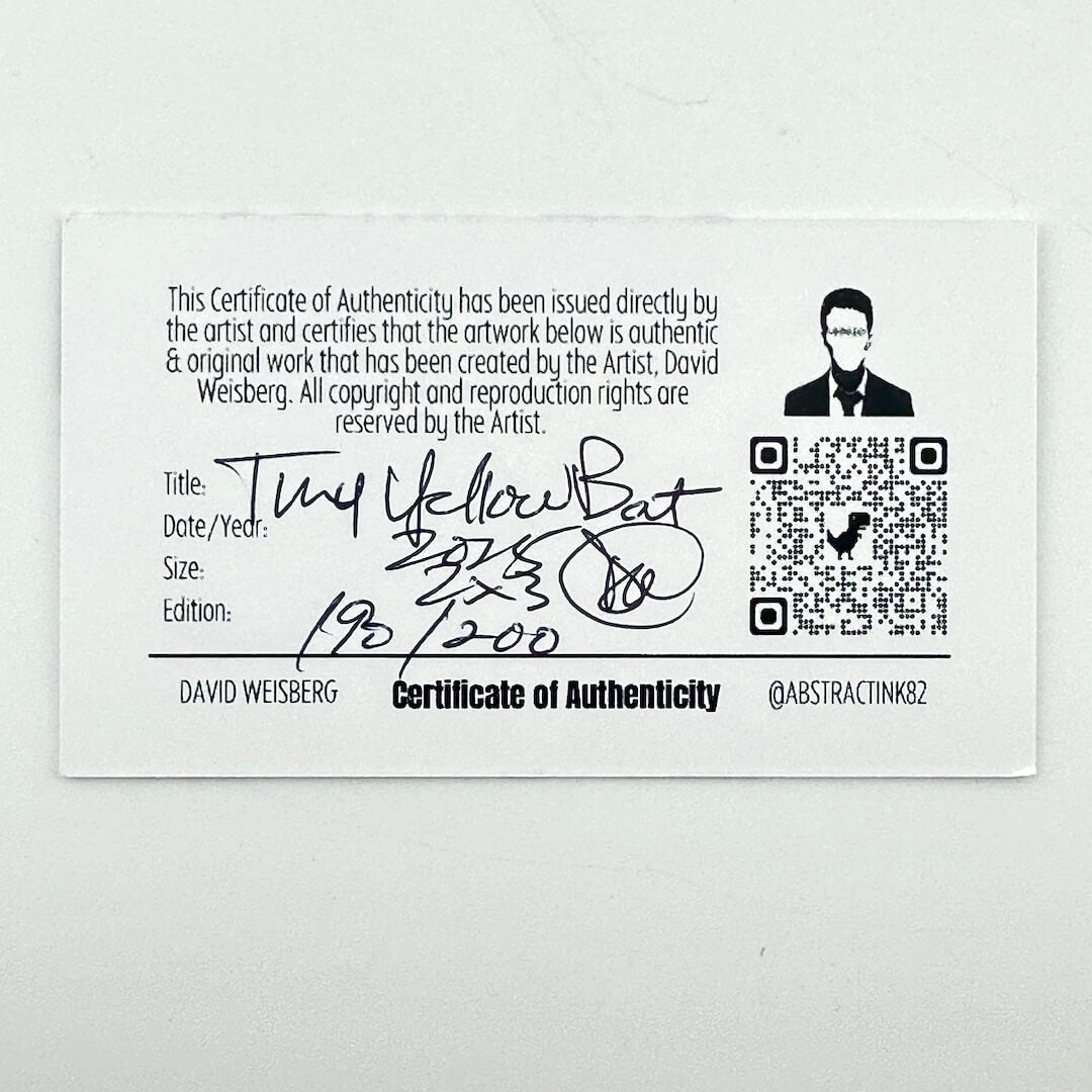 Certificate of Authenticity for an artwork with an artist's signature and QR code on a white background