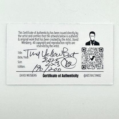 Certificate of Authenticity for an artwork with an artist's signature and QR code on a white background