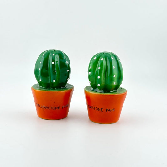 Two cactus-shaped salt and pepper shakers with 'Yellowstone Park' text on a white background