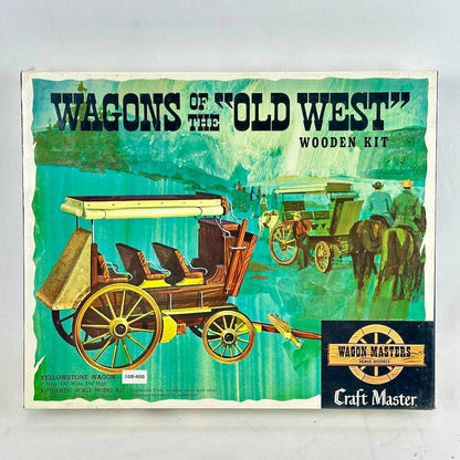 Wagons of the Old West wooden model kit in plastic wrapped box against white background. 