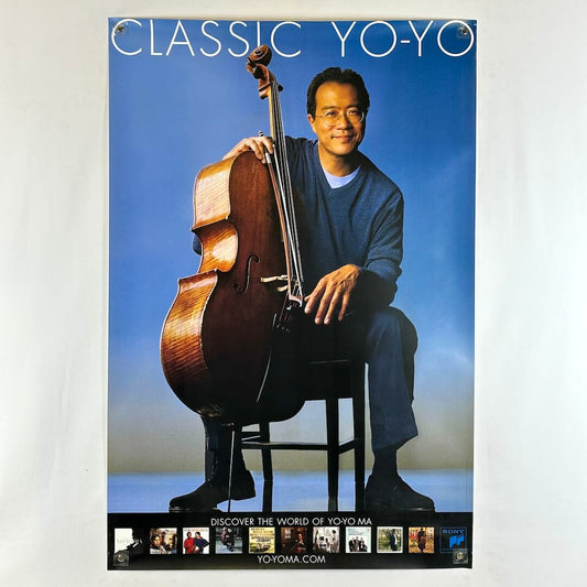 Poster of a man playing a cello with 'Classic Yo-Yo' branding on a blue background.