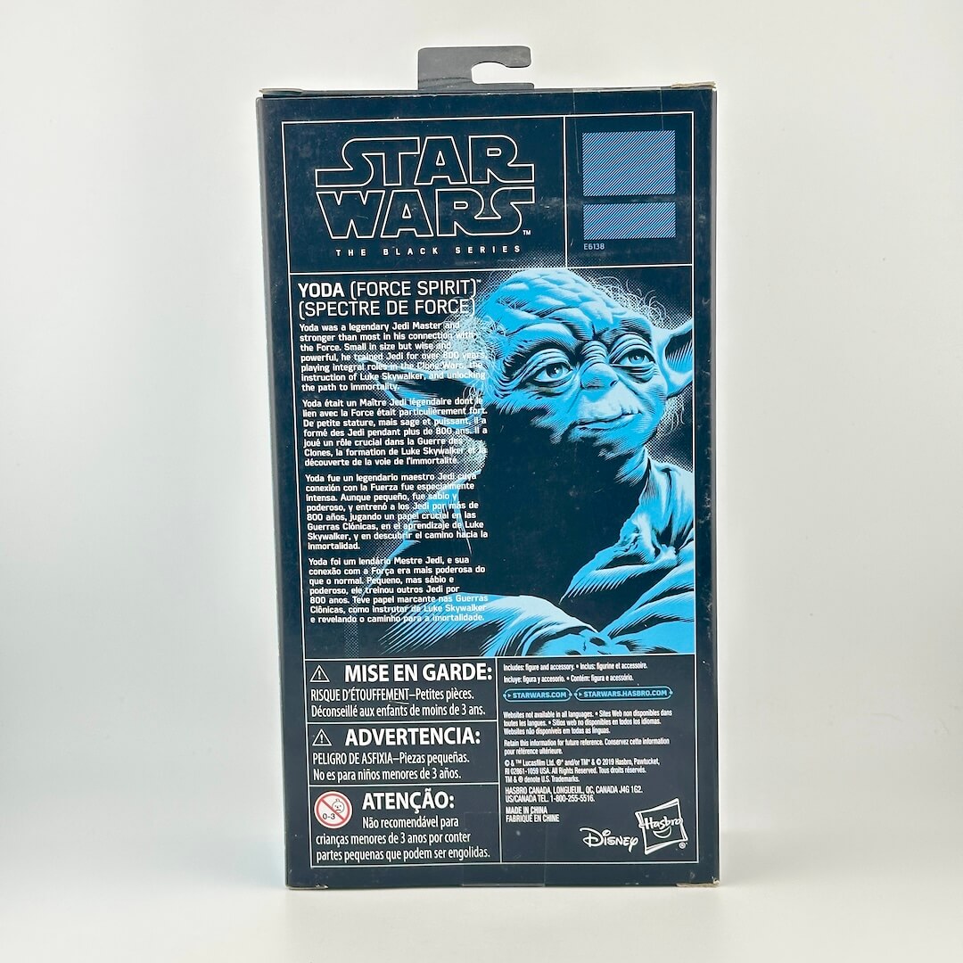 Yoda (Force Spirit) action figure retail packaging, showing the back of the box with product details.