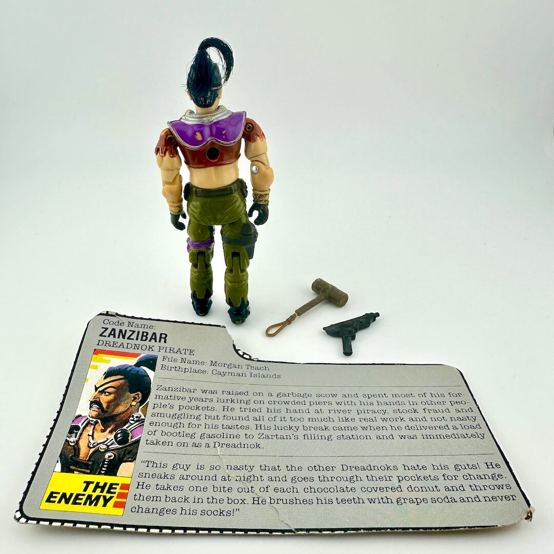 Toy figure of a pirate with a card about 'Zanzibar, Dreadnok Pirate' on a white background