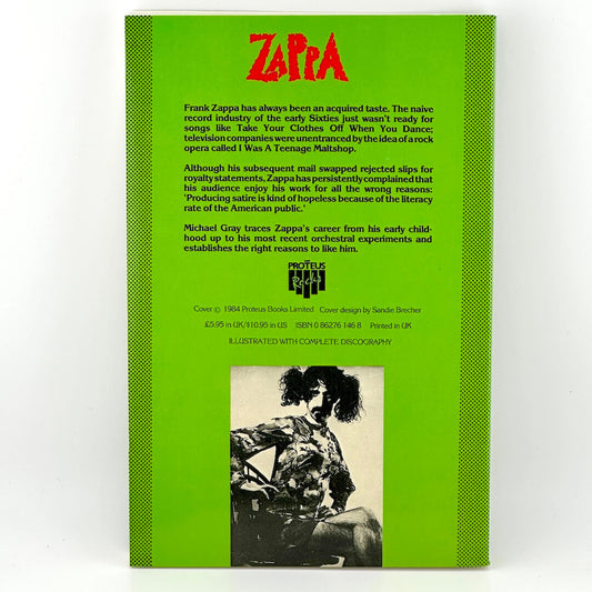 Book cover with green background and text about Frank Zappa, featuring a black and white photo of a person.