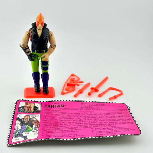 Toy figure with accessories and character card on a white background