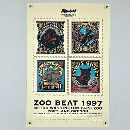 Poster with vintage-style stamps featuring animal illustrations and text on a beige background.