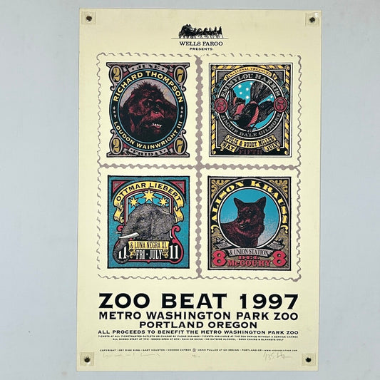 Poster with vintage-style stamps featuring animal illustrations and text on a beige background.