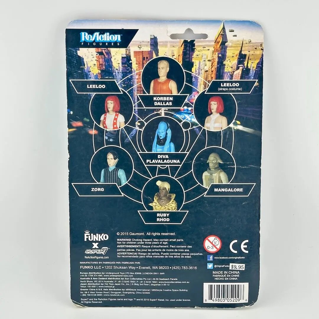 Back of a Fifth Element action figure package with product information and images of other available figures. 