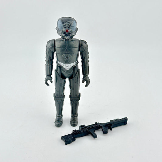 Toy figure of a robot with a weapon on a white background