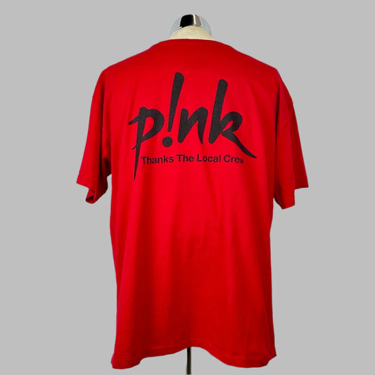 Back of red short sleeve t-shirt with "p!nk, Thanks The Local Crew" in black in center. "p!nk" is larger text.