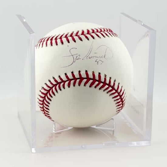 Short clip of autographed baseball  in display rotating in a circle to show its entirety.