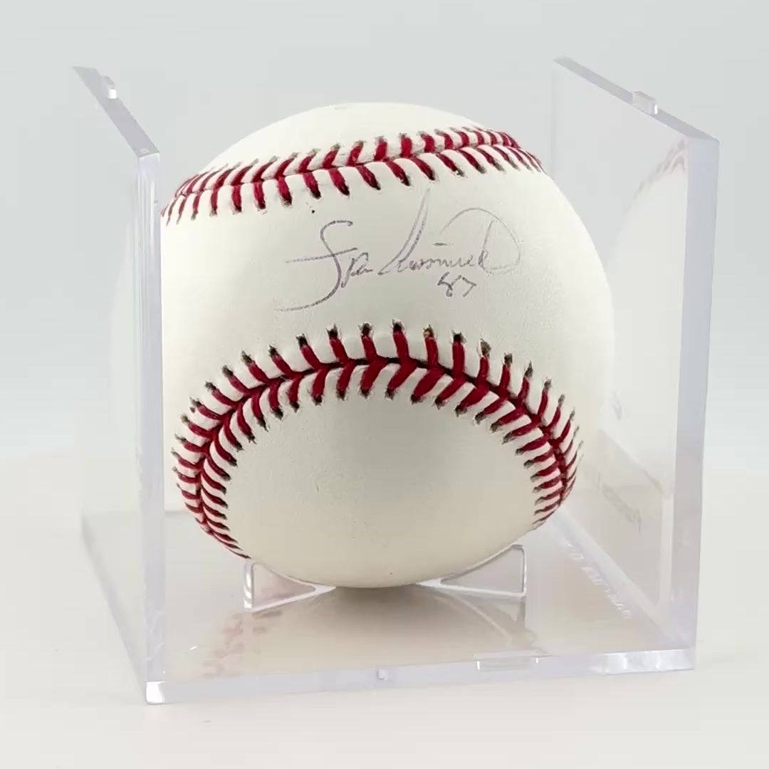 Short clip of autographed baseball  in display rotating in a circle to show its entirety.